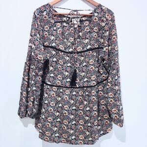 Knox Rose Womens Black Tassle Tied Long Sleeve Peasant Blouse Size XXL Boho